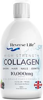 Reverse Life Marine Collagen + Green Tea Liquid Supplement Drink High-Strength 10,000mg Hydrolysed Peptide Infused with Vitamin, C, D, Hyaluronic Acid, Biotin for Hair, Skin, and Nails, 500ml