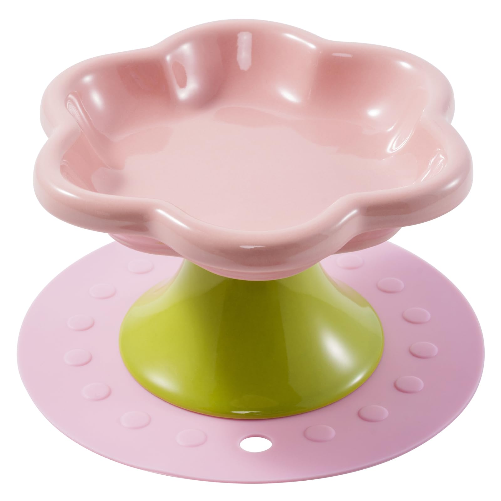 Ceramic elevated cat bowl with anti slip pad cat food container dish raised cat bowls with stand candy color cute (Pink)