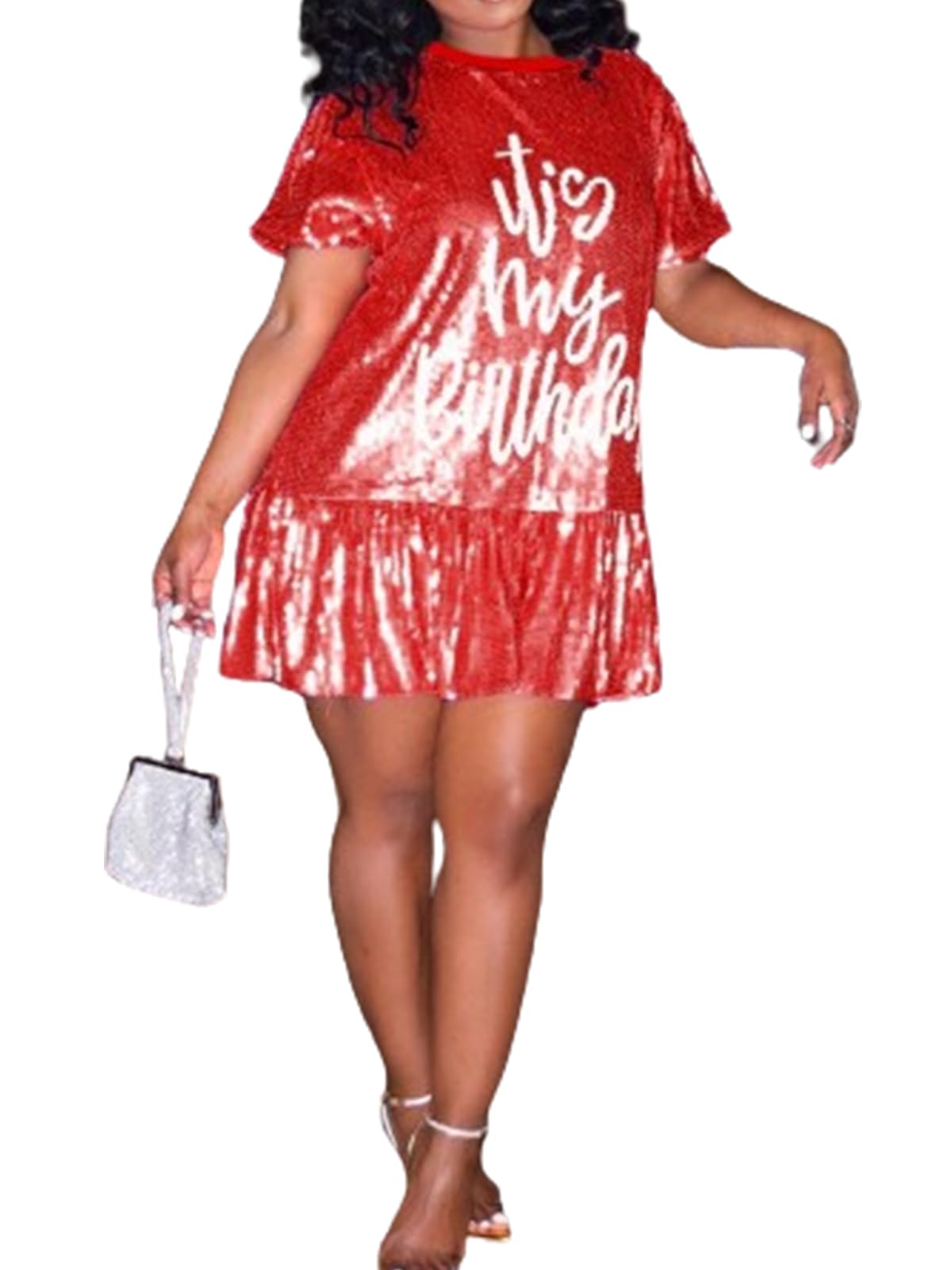 ALLUMK Women Sexy Glitter Sequin Shirts Dress Letter Graphic Print Half Sleeve Party Club Short Dress