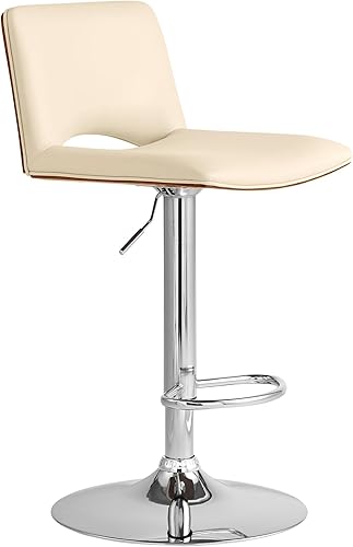 Armen Living Thierry - Taburete giratorio ajustable de piel sintética color crema con respaldo de nogal y cromado