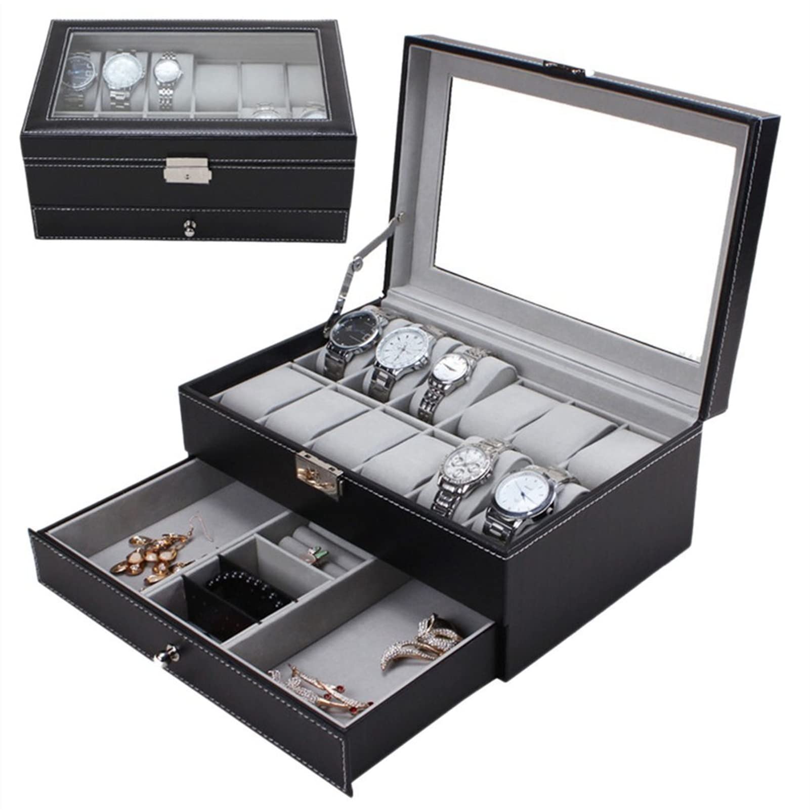 Uhrenbox für Herren, 2-stöckig, abschließbare Uhrenaufbewahrungsboxen aus PU-Leder – Schmuck-Display-Schubladenetui für Herren und Damen – Organizer mit 12 Fächern, Uhrenvitrine mit Glasdeckel,
