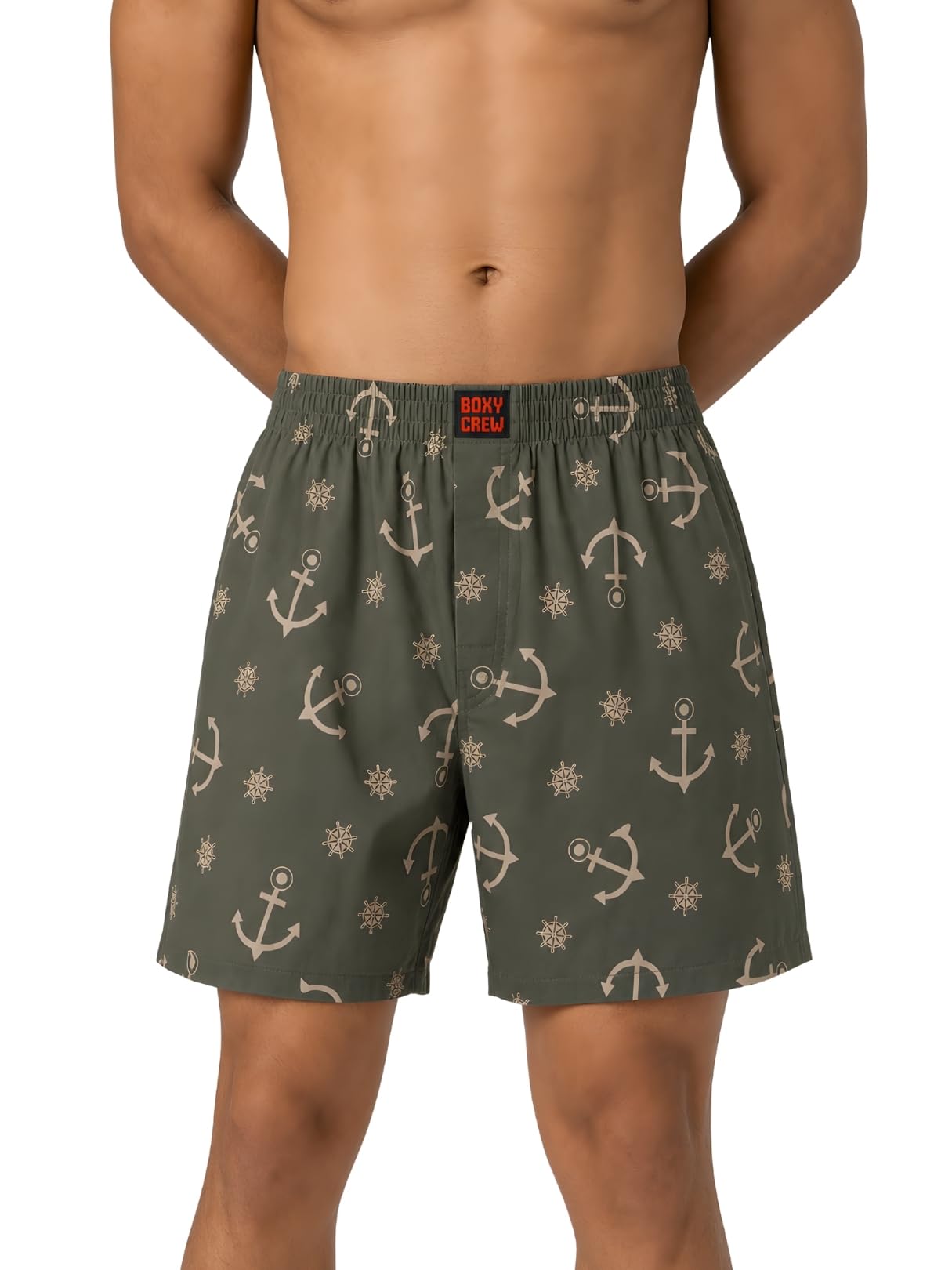 boxy crew Men's 100% Cotton Printed Boxer Shorts with Dual Side Pockets, Fabric-Covered Elastic Waistband and Classic Woven Fit for Lounging, Nightwear & Homewear - Olive, Style MBX020-picture-22