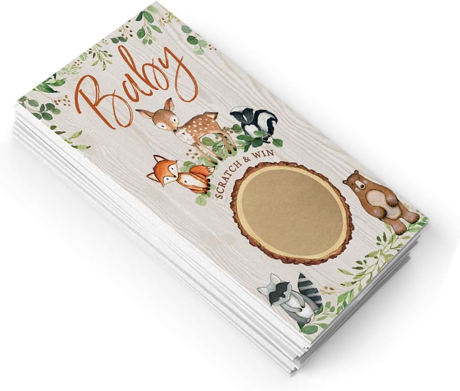 Printed Party Baby Shower Game – Woodland Scratch Off Cards for Boy or Girl, Forest Animal Theme, 30 Cards & Stickers