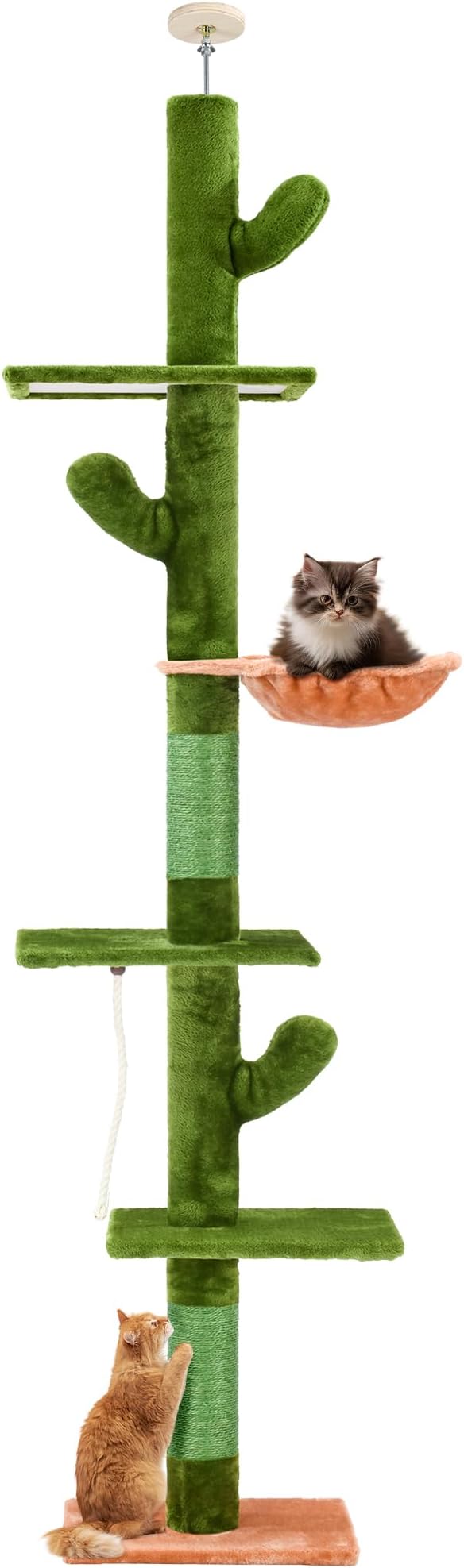 PAWSCRAT Cat Tree, 5-Tier Floor to Ceiling Cactus Cat Tree, Cat Tower with Cozy Hammock, 89-109 Inch Adjustable Height, Sisal Cat Scratching Post Sturdy Platforms, Green