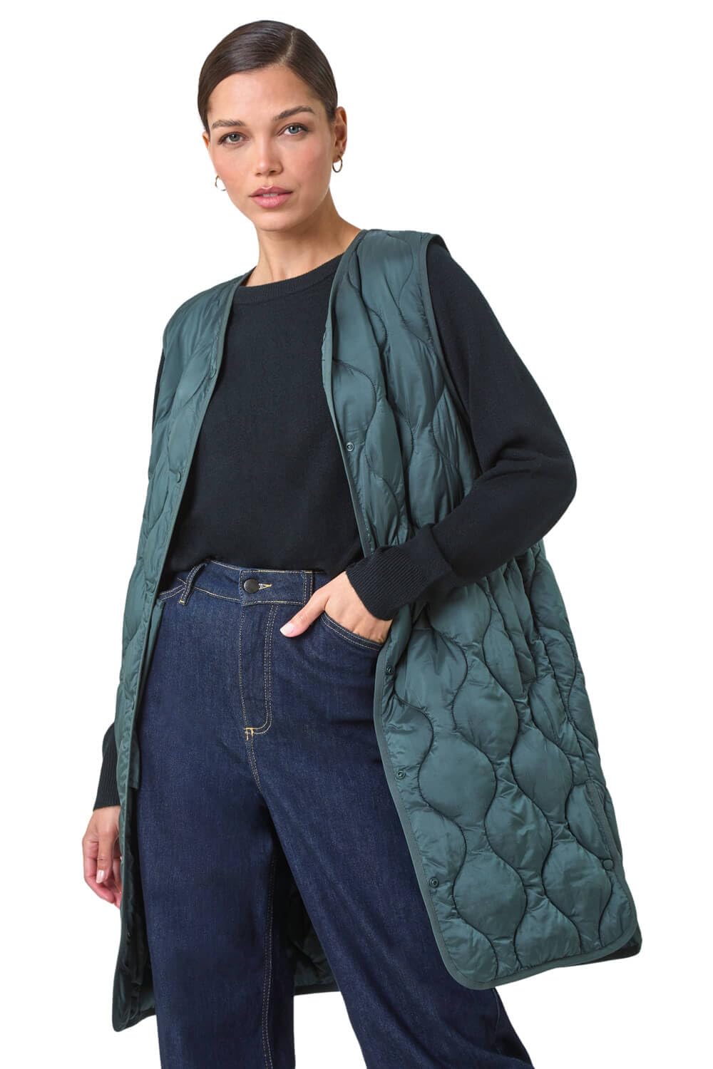 Roman Originals Women's Forest Green Quilted Collarless Buttoned Gilet For Uk - Everyday Autumn Winter Funnel Neckline Comfy Soft Evening Vacation Work Party Night Out - Size 12