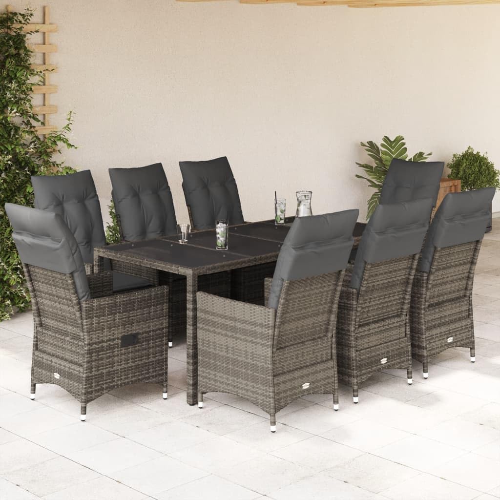 vidaXL Garten Essgruppe 9-TLG., Gartenmöbel Set mit Kissen, Gartengarnitur Tisch 8 Stühle, Sitzgruppe für Terrasse Garten, Grau Poly Rattan