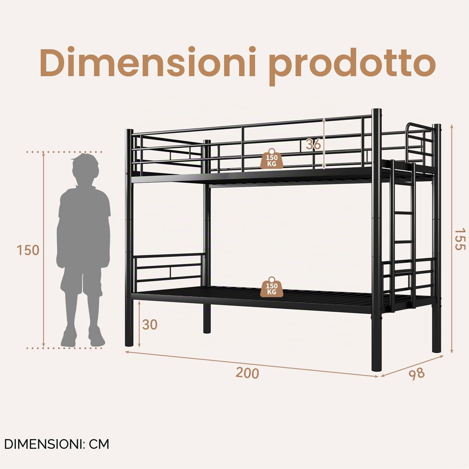 Letto a Castello per Adulti 90 X 200 cm, Letti a Castello Metallo Convertibile in 2 Letti Singoli, Letto a Castello per Bambini con Sicurezza Parapetto & Scala Antiscivolo, Stabile e Durevole (Nero)