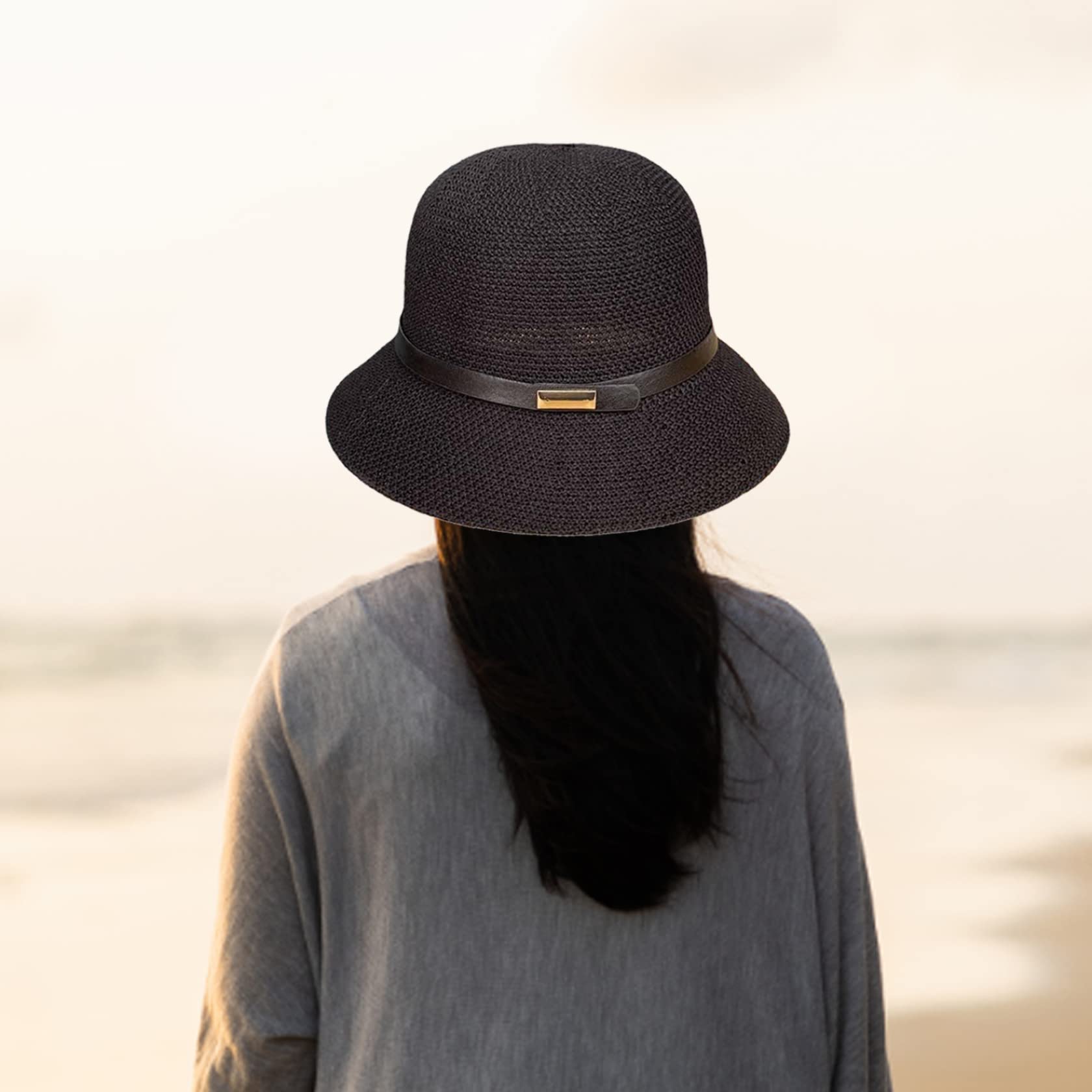 Sombreros Cloche de Verano Sombrero Cloche de Paja para Mujer Sombrero de Bombín de Verano de ala Corta con cinturón para Mujer, Uso en Interiores