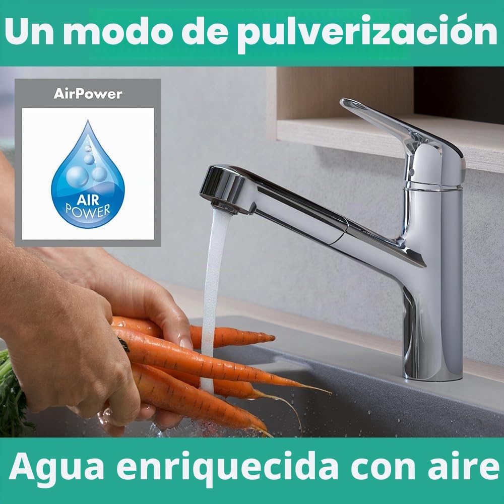 hansgrohe Focus M42 - grifo de cocina con ducha extraíble, 1 tipo de chorro, altura del caño 150 mm, grifo cocina fregadero con caño giratorio, cromo, 71814000