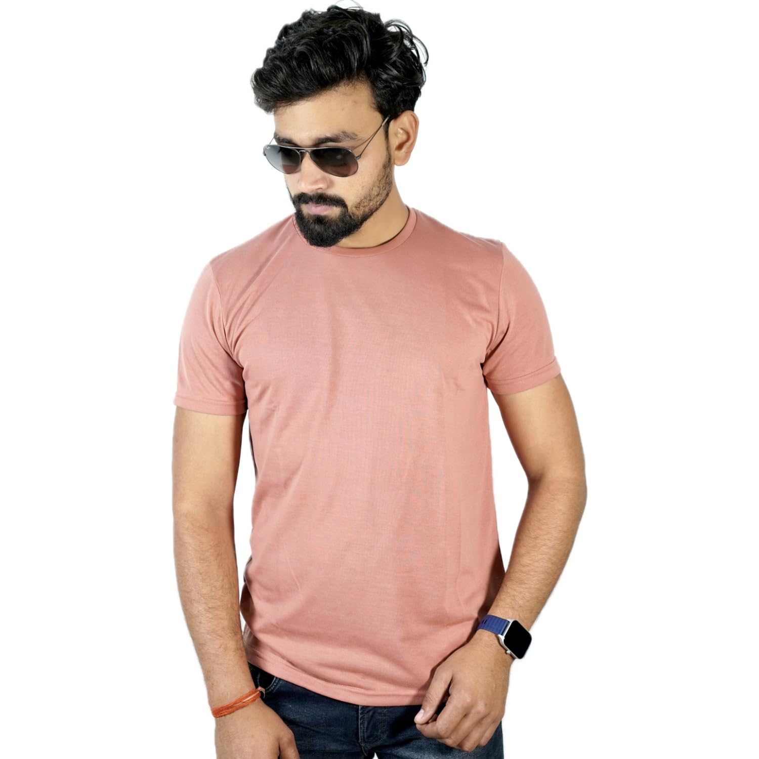Men's Round Neck Half Sleeve Solid Color Blank Tshirt. (X-Large, Peach)