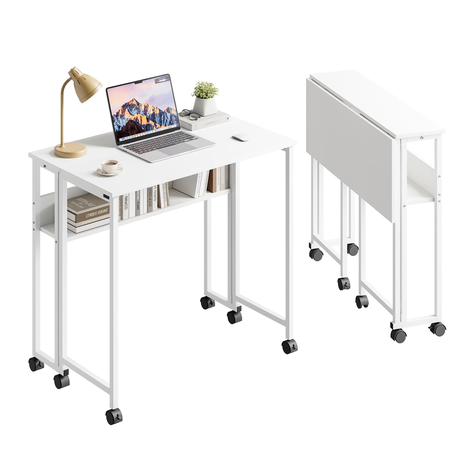 Escritorio Plegable Pequeño con Ruedas y Estante de Almacenamiento, Mesa de Estudio Moderna, Fácil de Montaje y Ahorro Espacio para Casa Oficina, 80 x 50 x 75 cm (Blanca)