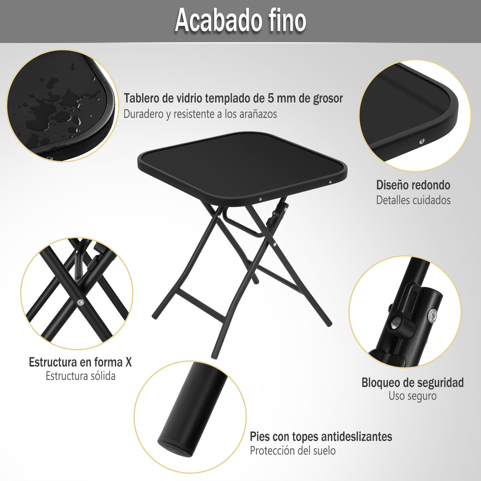 eSituro Mesa Auxiliar Plegable, Mesita de Jardin, Mesa Plegable Exterior Pequeña para Terraza, Balcón y Patio, Metal Tablero de Cristal, Cuadrada Negro 46x46x48cm