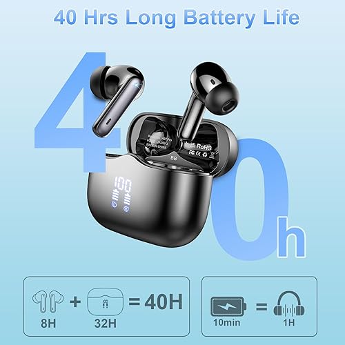 Miniatura 5 de Auriculares inalámbricos, Bluetooth 5.3, sonido envolvente HIFI con micrófono 4 HD, tiempo de reproducción de 40 horas, IP7 impermeable, auriculares