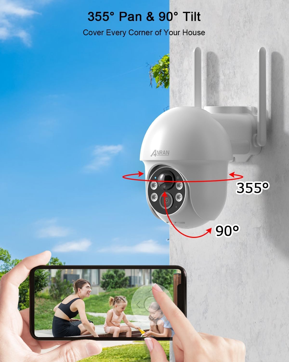 ANRAN 2K Caméra Surveillance WiFi sans Fil, Panneau Solaire+Batteries, 360° Pan/Tilt, Détection Mouvement PIR, Couleur Vision Nocturne Alarme Audio, SD/Cloud, Compatible Alexa, Blanc