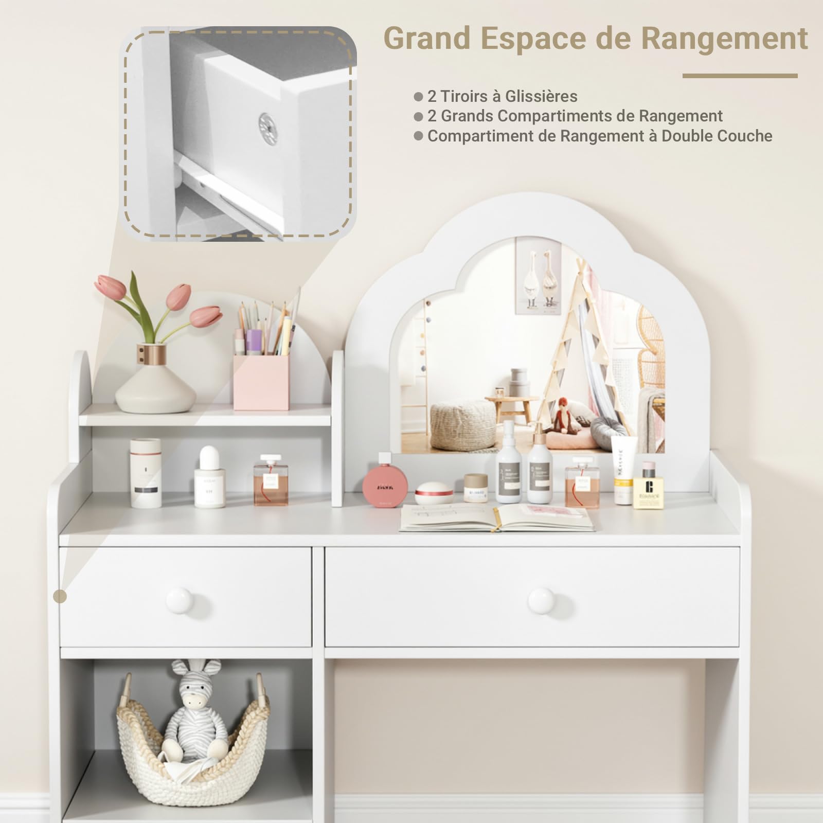Clevich 2 en 1 Coiffeuse Enfant, Coiffeuse pour Fille avec Miroir et 2 Tiroirs, Casiers, Bureau pour Enfants avec Tabouret, Motif Arc-en-Ciel, Table de Maquillage pour Enfants 3 à 8 Ans (Blanc)