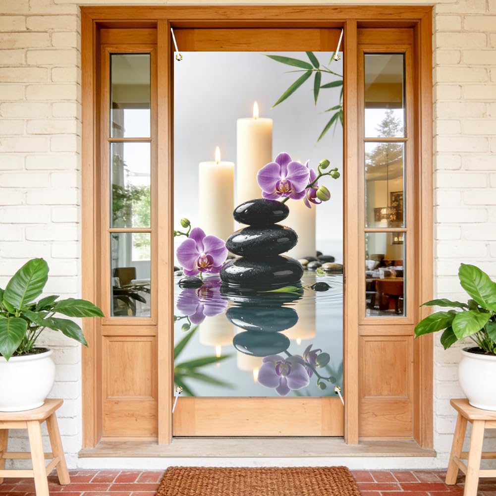 arricraft 1pc Welcome Theme Polyester Door Cover, 72.83"x35.43" Zen Stone Bamboo Pattern Backdrop Banner Door Porch Sign Photography Background for Party Porch Home Decor Accessories — image 1