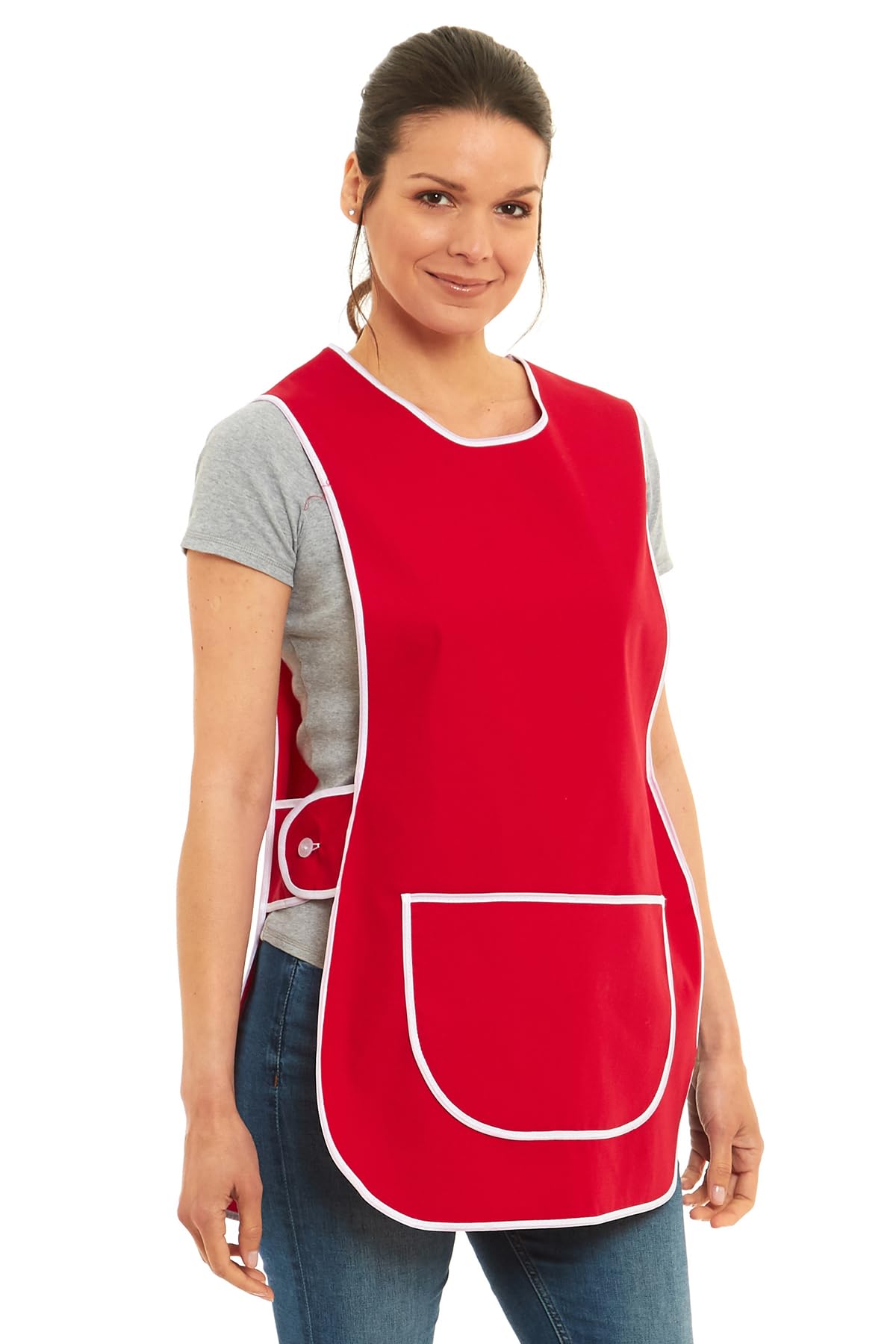 Ladies Plain Tabard with White Piping Apron Overalls Front Pocket Stylish Tabards for Women Casual Aprons for Women Home Kitchen Restaurants Coffee Shops UK Made (Red, XXL)