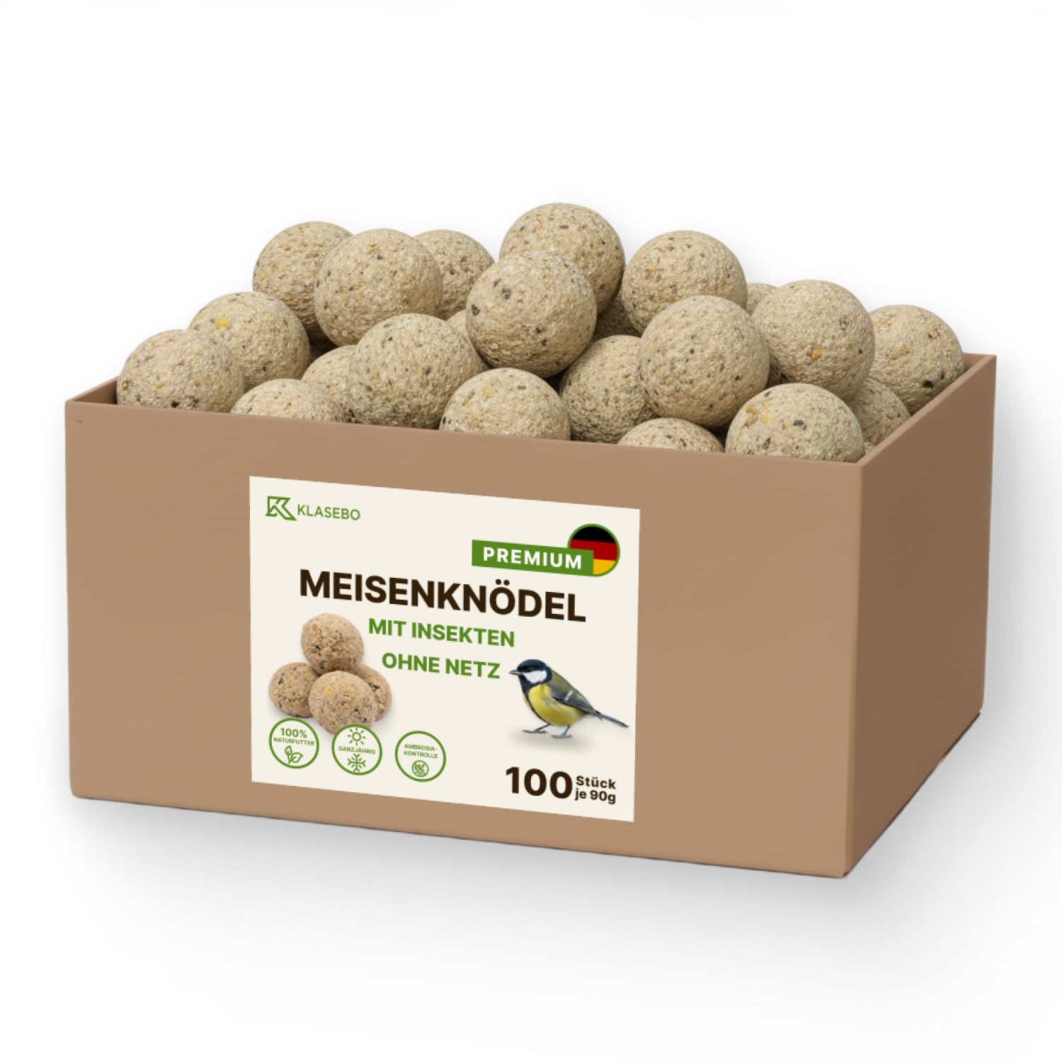 Premium Meisenknödel mit Insekten, 100 Stück (9kg) – Ganzjähriges Wildvogelfutter, Natürliche Zutaten, Ganzjährige Fütterung, Körnerfresser Delikatesse