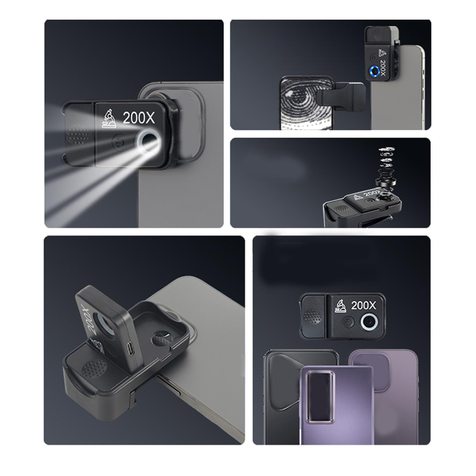 200X Phone Mini Pocket Microscope With LED Light, Portable Digital Microscope Camera Attachments With Universal Phone Clip USB Microscope Camera Accessory For 99% Smartphone - View #3