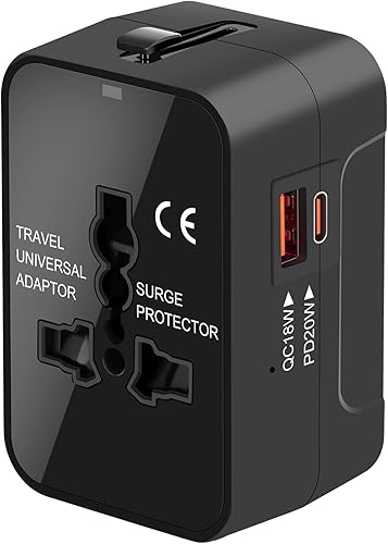 Universal Travel Adapter Worldwide, GaN Fast Charging with PD 3.0 USB-C & USB-A Quick Charge Ports, All-in-One International Power Plug Adapter Converter AC Wall Charger for Europe USA UK AUS Black