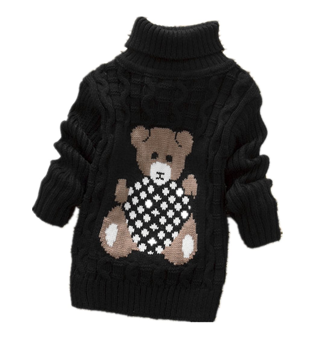 Nine Minow Kids Bear Turtleneck Sweater Boys Girls Knit Sweater (Black, 9-12 Months)