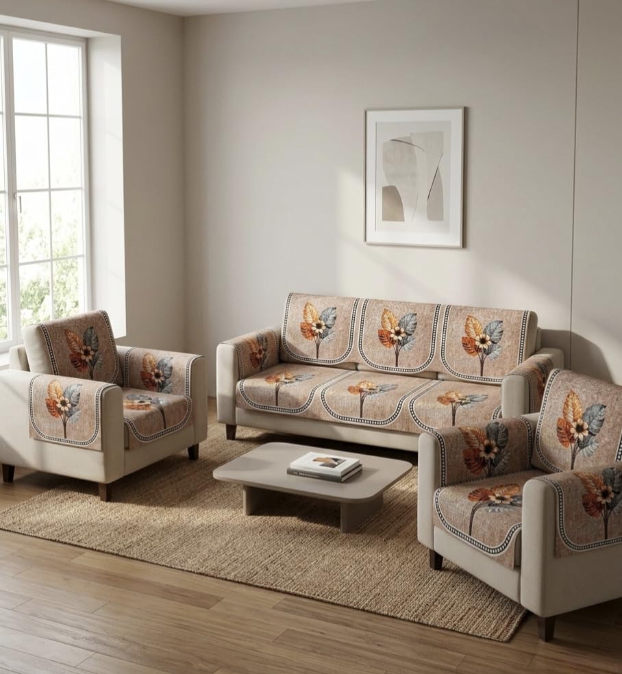 Digital Print Sofa Cover Set, Floral, Beige, Free Size, 16 Piece, for 3+1+1 Seater-image-49