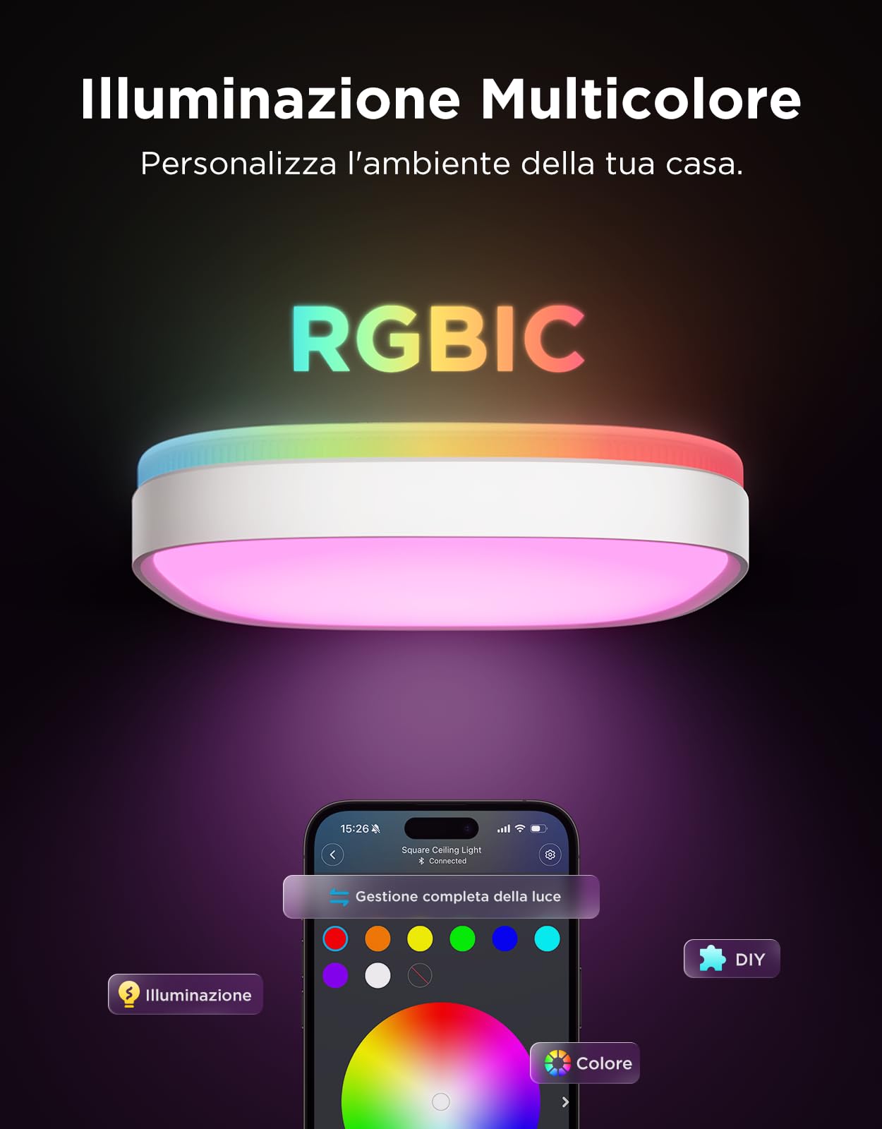Govee Plafoniera LED RGBIC 24W, 2400LM Lampadario Soffitto 30cm Quadrata | Dimmerabile Plafoniera Smart, 16M Colori, per Soggiorno Cucina Camera da Letto, Compatibile con Matter e Alexa, Scenari,Timer