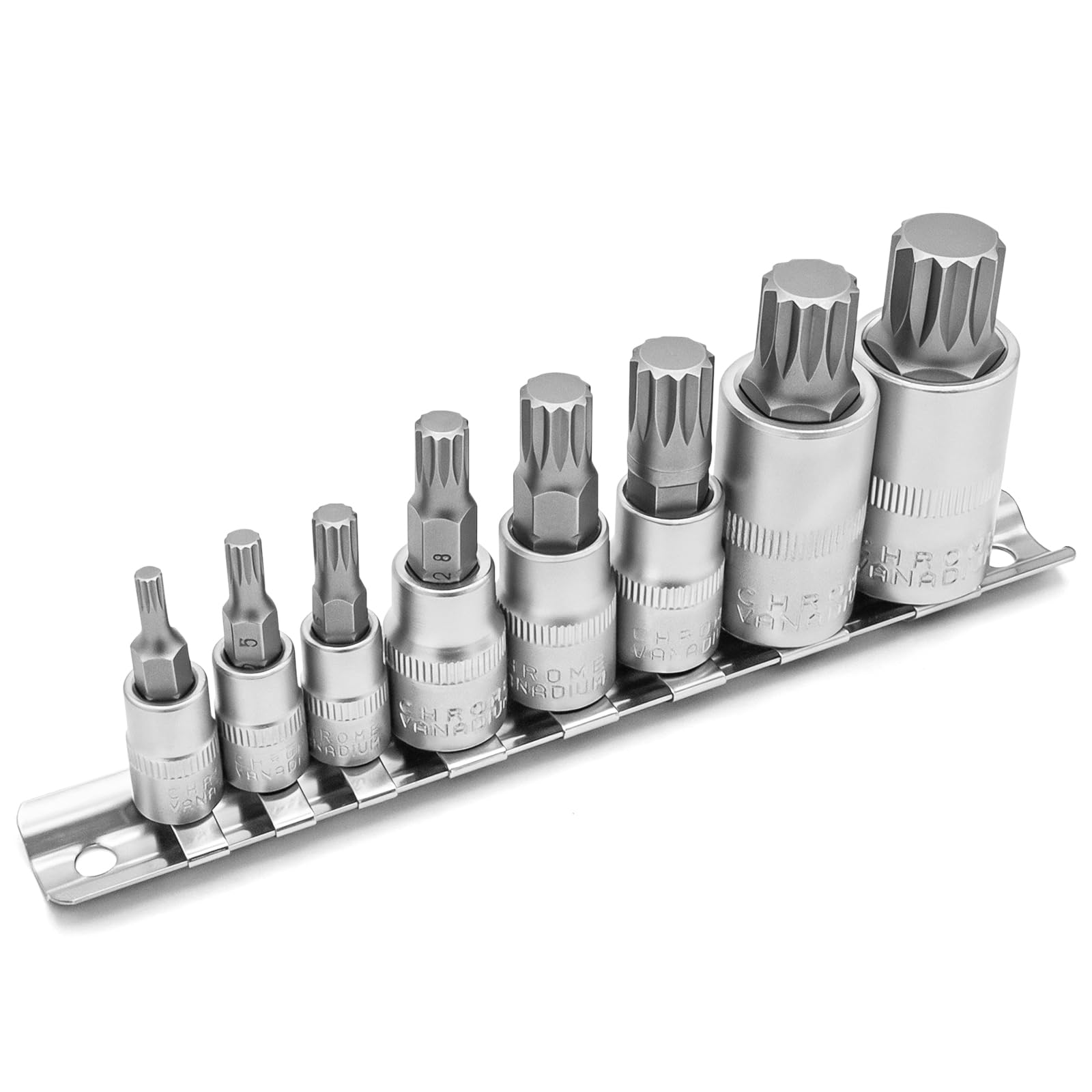 DAKCOS 8pcs Spline Socket Set, M4 M5 M6 M8 M10 M12 M14 M16 Spline Bit Set for 1/2", 1/4" 3/8" Drive, XZN Triple Square, S2 Alloy Steel Bit and CR-V Drive Socket