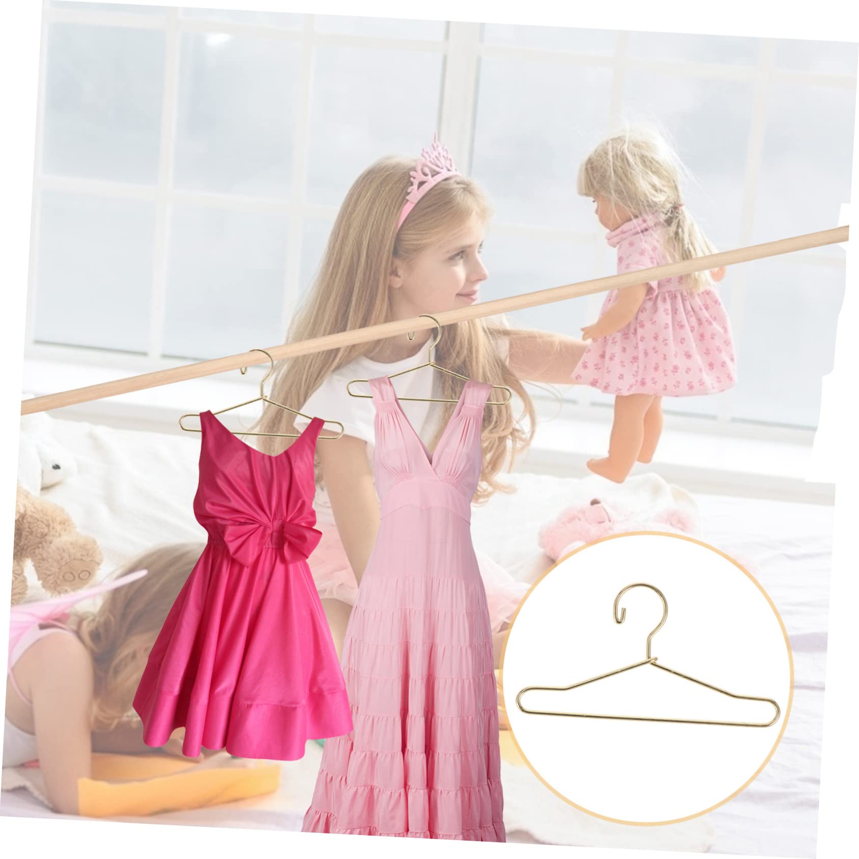 HOOTNEE 20 Pcs Mini Doll Coat Hangers for Doll Clothes Miniature Dress Holder Dress Organizer 65mm Gold Material Sturdy Safe for Boys and Girls