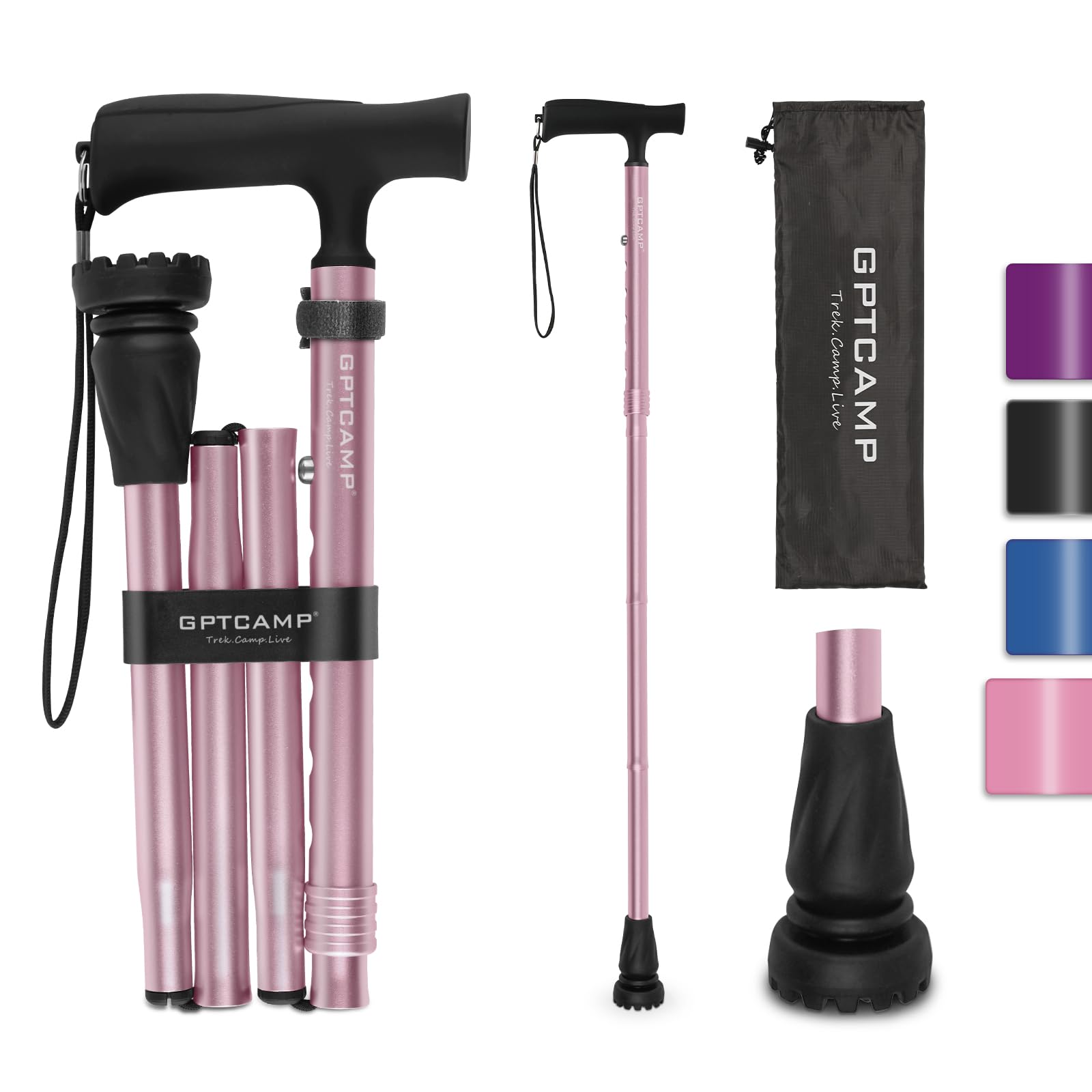 GPTCAMP Bastón de senderismo para caminar, para mujeres y hombres, ligero y resistente (rosa)