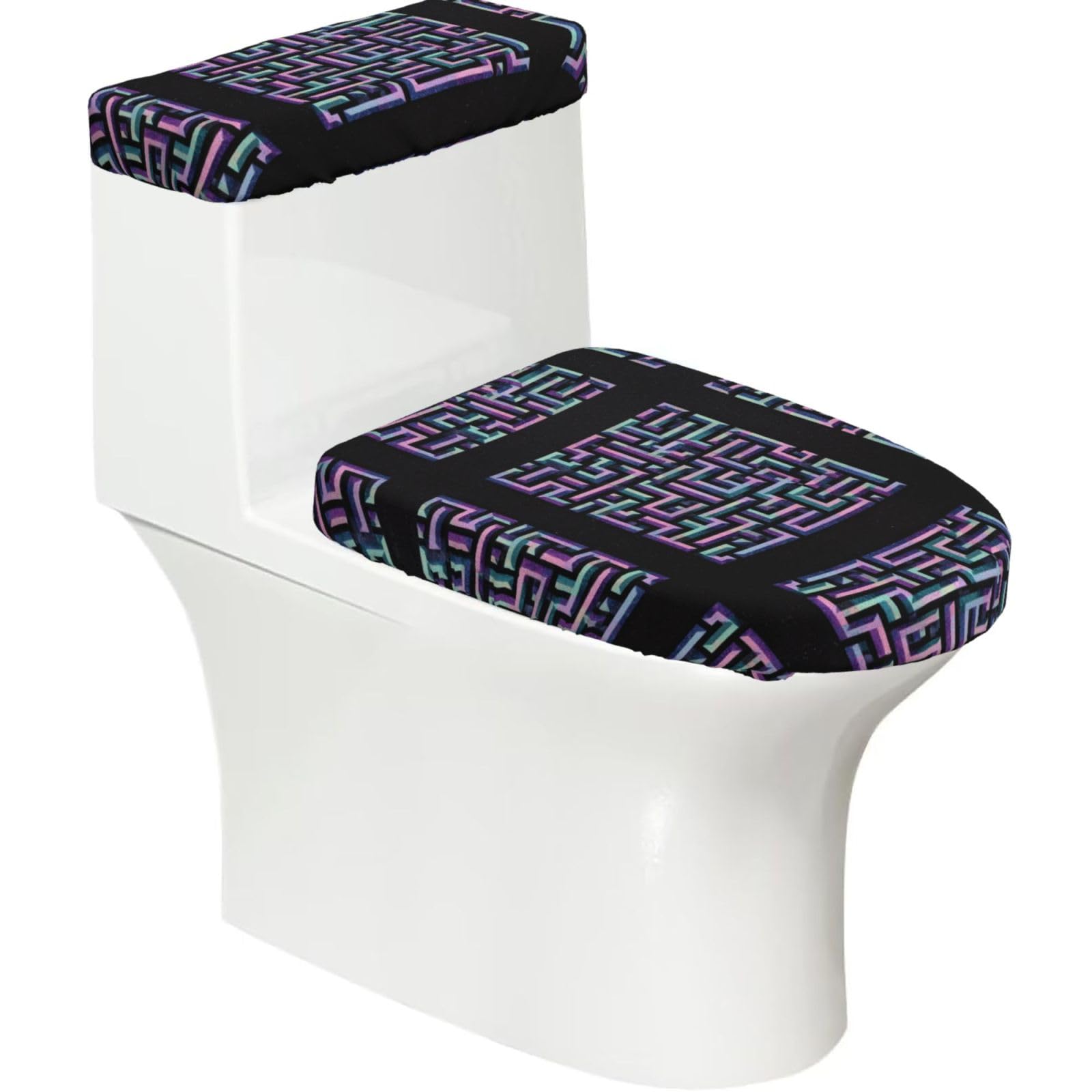 Colorful Maze 2-Piece Toilet Seat Cover Set with Tank Lid - Elastic for U-Shape & Elongated - Bathroom Decor