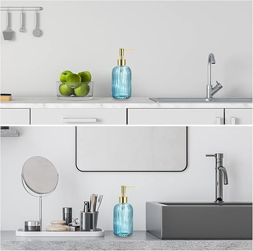 Miniatura 5 de uxcell Juego de dispensadores de jabón  Paquete de 2 dispensadores de jabón de manos de vidrio de 13.5 onzas con bomba dorada para cocina y baño,