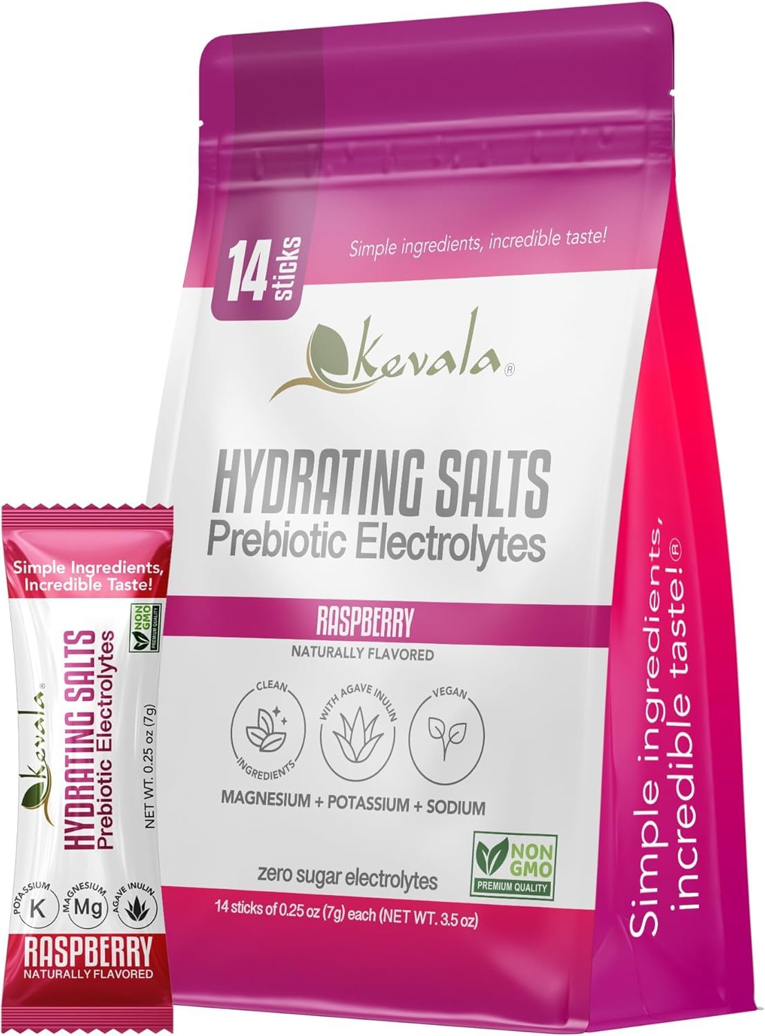 kevala Hydrating Salts Prebiotic Electrolytes – Raspberry – Zero Sugar - with Agave Inulin – 14 Count Hydration Packets – Powder Drink