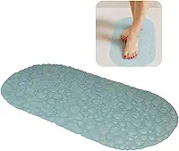 Tapete de Banho Oval para Box Antiderrapante Piso Molhado Efeito Bolhas Massagem com Ventosas de Sucção Anti Queda Chuveiro Banheiro Base Pvc Alta Aderência Banheira Lavável Macio (Azul)