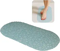 Tapete de Banho Oval para Box Antiderrapante Piso Molhado Efeito Bolhas Massagem com Ventosas de Sucção Anti Queda Chuveiro Banheiro Base Pvc Alta Aderência Banheira Lavável Macio (Azul)