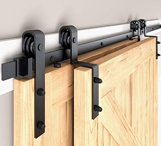 5FT Single Track Bypass Barn Door Hardware Kit,Upgraded Bypass Sliding Barn Door Hardware One-Piece for Double Wooden Doors,J Shape Hanger Sliding Door Hardware Kit, Easy Install