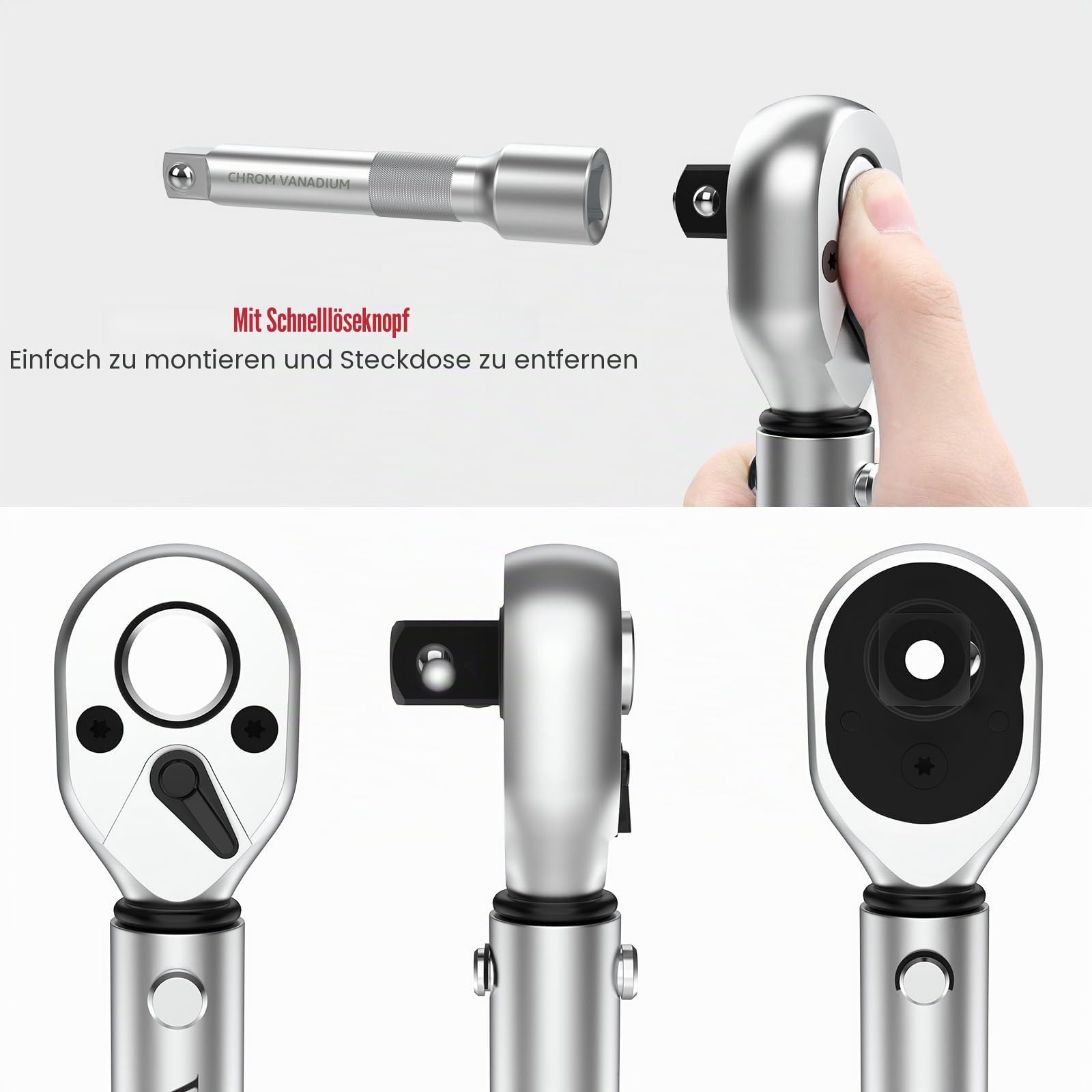 VANPO Drehmomentschlüssel 1/2", 20-220 Nm Drehmoment-Schlüssel 8 tlg. Set, ± 3% Fehlergenauigkeit mit 2 Verlängerung, 5 Stecknüsse 17mm, 19mm, 21mm, 23mm,24mm Reifenschlüssel für Auto, LKW, Motorrad | 8-tlg. Drehmomentschlüssel Set: 5 Nüsse (17/19/21mm)