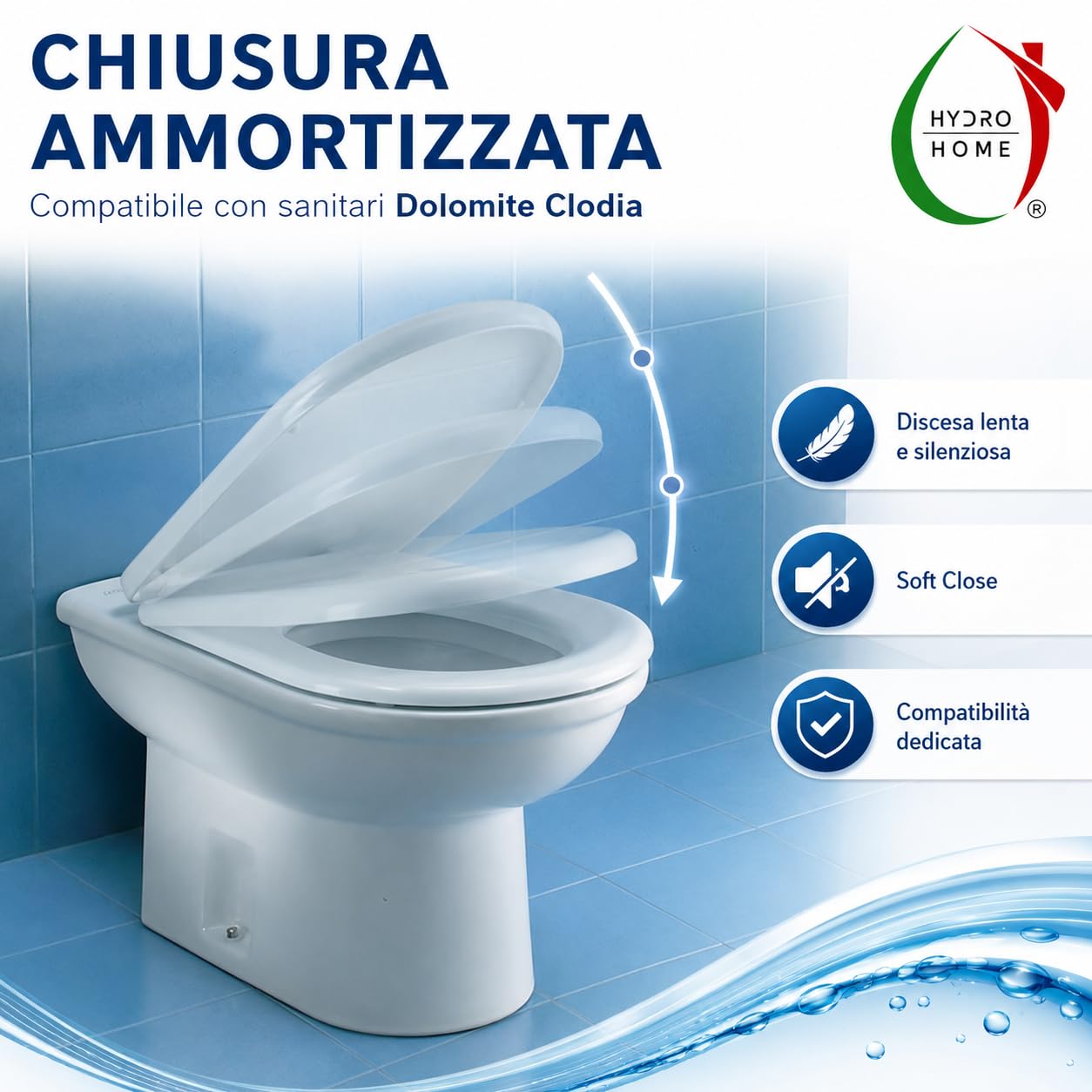 Hydro Home Copriwater Compatibile Clodia Dolomite, Sedile WC Termoindurente Antibatterico, Tavoletta WC Bianco Lucido con Fissaggio dall’Alto Soft Close