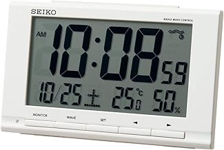 Seiko Clock SQ789W Table Clock, White, Body Size: 3.6 x 5.8 x 1.9 inches (9.1 x 14.8 x 4.7 cm), Alarm Clock, Radio Waves, Digital Calendar, Temperature, Humidity, Display