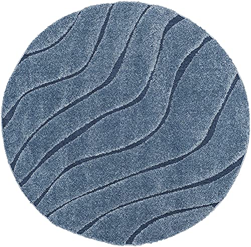 Image of Textured Wave Square Shaggy Carpet for Living Room, Bedroom, High Low Design Finish Microfiber 1.8 Inch Pile High, 8x8 Feet Sky Blue|Blue Color