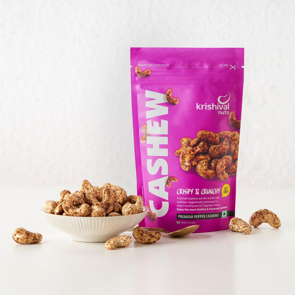 Krishival Nuts Premium Pepper Cashews | Pepper Flavored | High Fiber & Rich In Protein | 250 Grams Pack of 1 | Zero Preservatives | Nutritious & Delicious Nuts