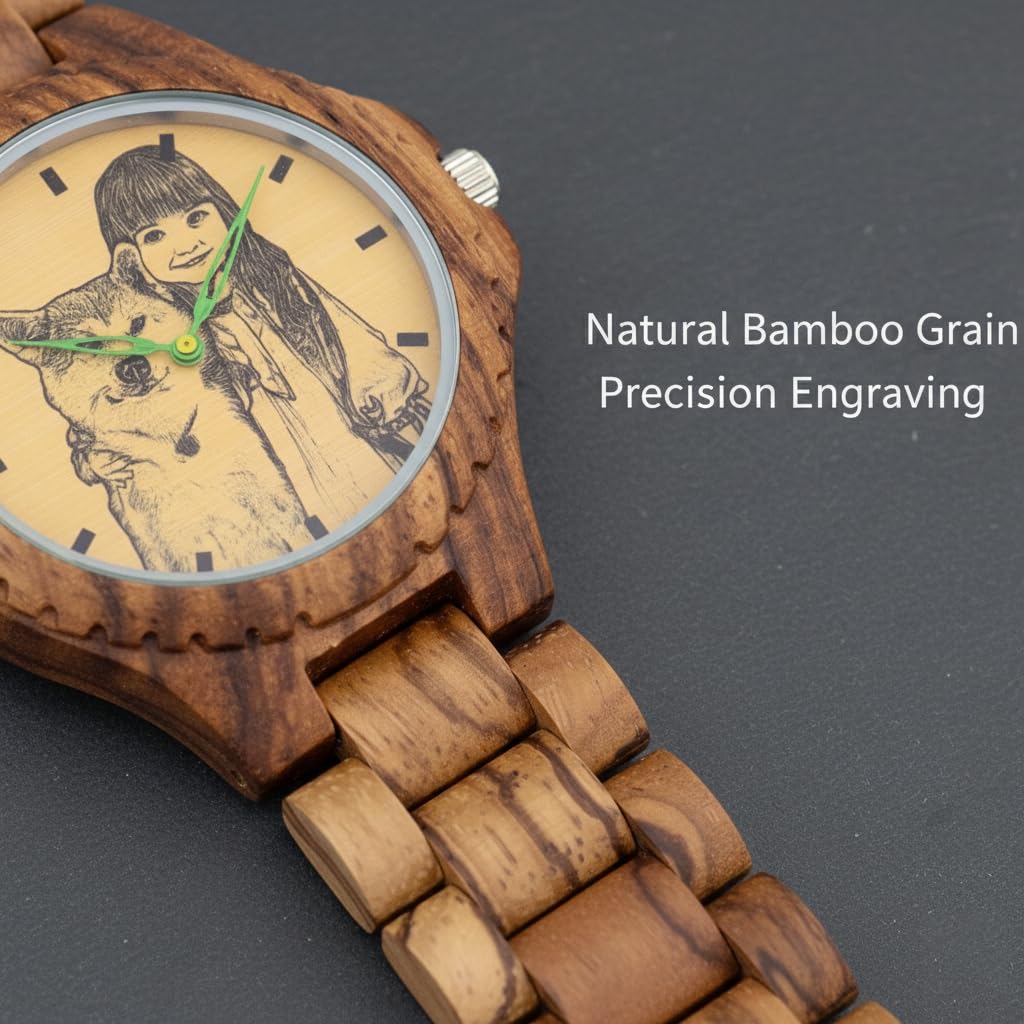 Reloj de madera personalizado para hombre, esfera fotográfica de línea blanca y negra, carcasa trasera grabada, reloj de pulsera de madera de bambú marrón de 40 mm con pulsera de eslabones, regalos