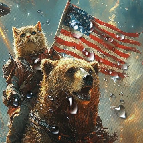 Image of Funny Bear Shower Curtain for Boys Kids, Cool Cat Riding Bear on Rustic Cabin Forest Woodland Hilarious Shower Curtains, Funky Anime UFO Spaceship Animal Bath Curtain Fabric 12PCS Hooks, 70X75IN