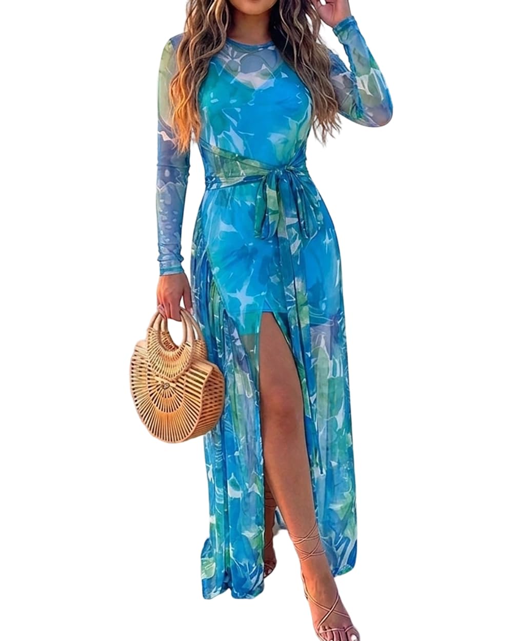 Womens Maxi Dresses 2 Piece Floral Mesh Set Sheer Long Sleeve Cover Up Mini Slip Spring Break Outfits Resort Vacation-image-33
