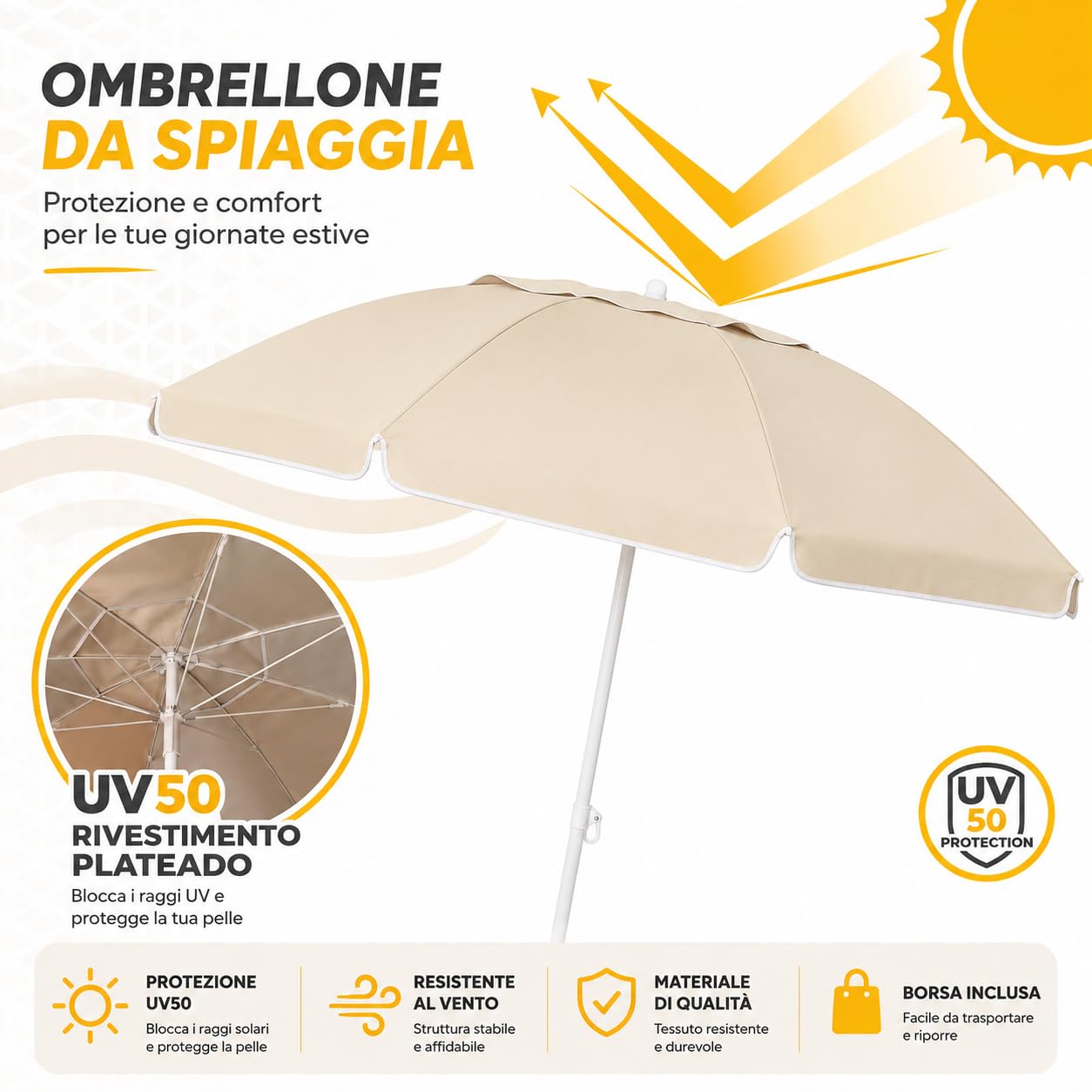 WENZO Ombrellone da Spiaggia 200 cm Antivento con Borsa, Palo Acciaio 28/32 mm, 8 Stecche in Fibra di Carbonio, Protezione UV Interna Argentata, per Spiaggia Giardino Campeggio
