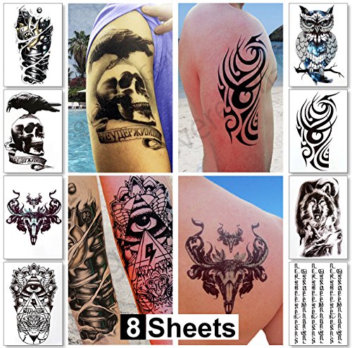 Temporary Tattoos for Men Guys & Teens Fake Tattoo Stickers (8 Large Sheets)