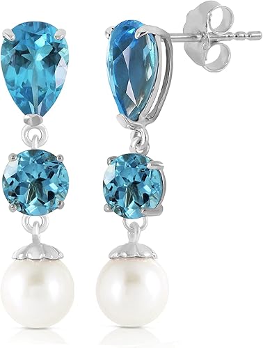 Pendientes de perlas de topacio azul ardiente de oro blanco sólido de 14 quilates de 10.5 quilates, Pequeño, Metal Gema, topacio azul