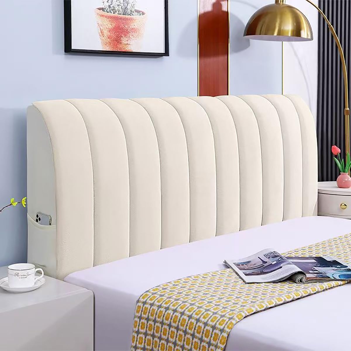 Housse Tête De Lit 120/150/160/200, Couverture De Tête De Lit,Velours Tissu Extensible Matelassé Épaissir,Anti-poussière Lavable Housse De Protection(Beige,200x70cm)