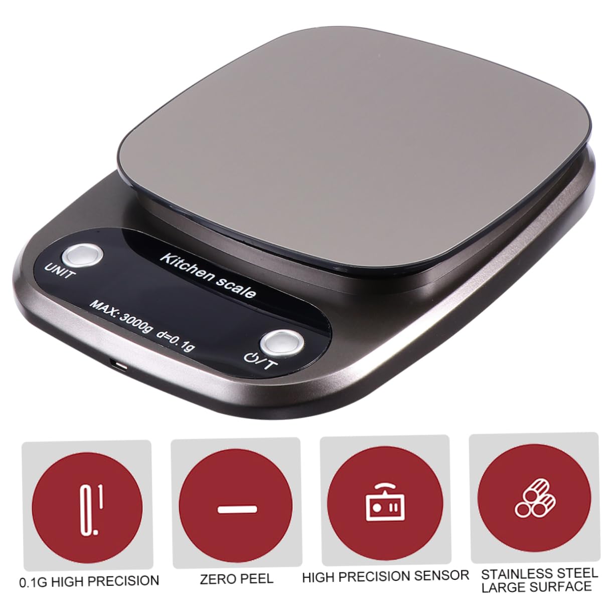 ABOOFAN Digitale Küchenwaage aus Edelstahl 3kg/0,1g Präzise Lcd Anzeige Wiederaufladbar Tragbar für Küchen und Schmuckgebrauch