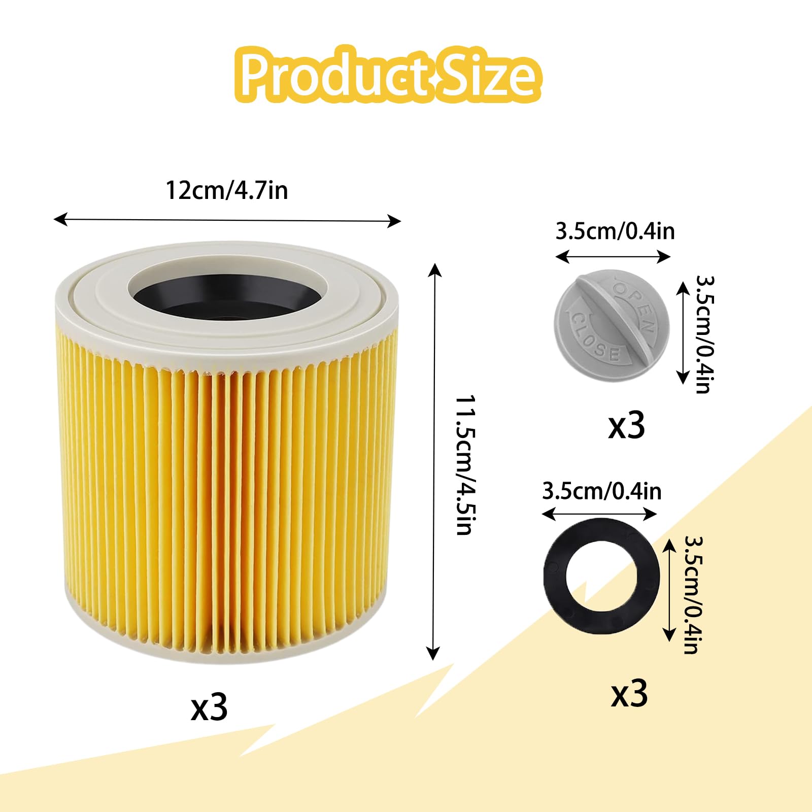 Lot de 3 Filtres de Remplacement Compatibles avec WD3, WD2, WD1, MV3, MV2, A, K, KNT, NT, SE et VC, Filtration Efficace pour Aspirateurs Eau et Poussière
